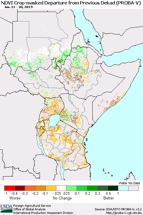 Eastern Africa NDVI Crop-masked Departure from Previous Dekad (PROBA-V) Thematic Map For 6/21/2019 - 6/30/2019