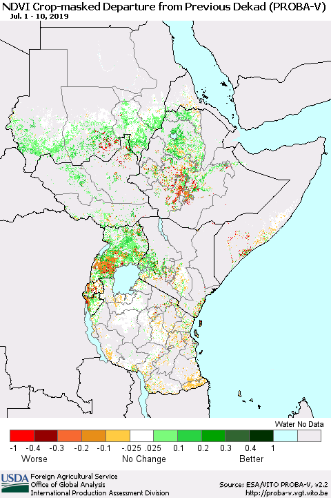 Eastern Africa NDVI Crop-masked Departure from Previous Dekad (PROBA-V) Thematic Map For 7/1/2019 - 7/10/2019