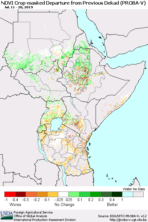 Eastern Africa NDVI Crop-masked Departure from Previous Dekad (PROBA-V) Thematic Map For 7/11/2019 - 7/20/2019