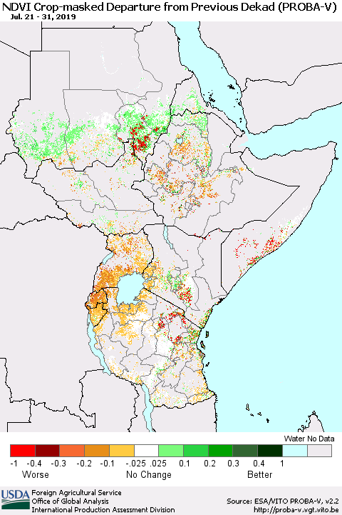 Eastern Africa NDVI Crop-masked Departure from Previous Dekad (PROBA-V) Thematic Map For 7/21/2019 - 7/31/2019