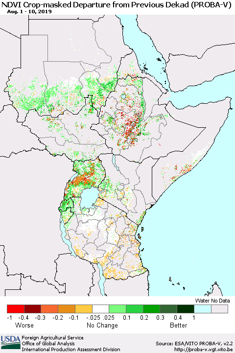 Eastern Africa NDVI Crop-masked Departure from Previous Dekad (PROBA-V) Thematic Map For 8/1/2019 - 8/10/2019
