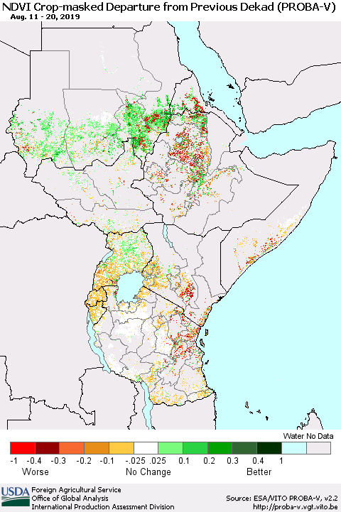 Eastern Africa NDVI Crop-masked Departure from Previous Dekad (PROBA-V) Thematic Map For 8/11/2019 - 8/20/2019