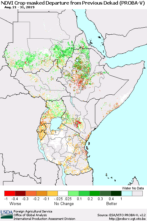 Eastern Africa NDVI Crop-masked Departure from Previous Dekad (PROBA-V) Thematic Map For 8/21/2019 - 8/31/2019