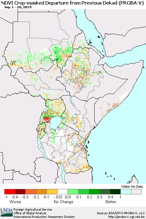 Eastern Africa NDVI Crop-masked Departure from Previous Dekad (PROBA-V) Thematic Map For 9/1/2019 - 9/10/2019