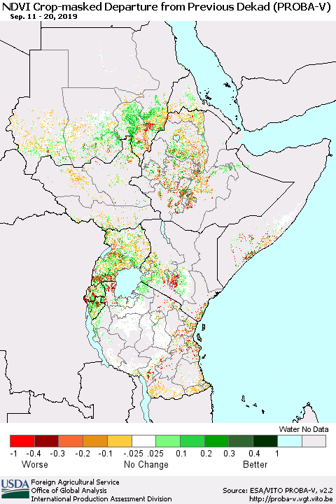 Eastern Africa NDVI Crop-masked Departure from Previous Dekad (PROBA-V) Thematic Map For 9/11/2019 - 9/20/2019