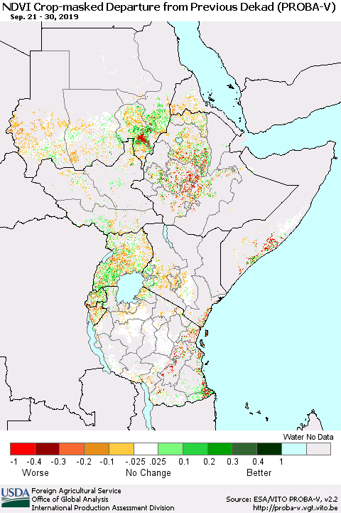 Eastern Africa NDVI Crop-masked Departure from Previous Dekad (PROBA-V) Thematic Map For 9/21/2019 - 9/30/2019