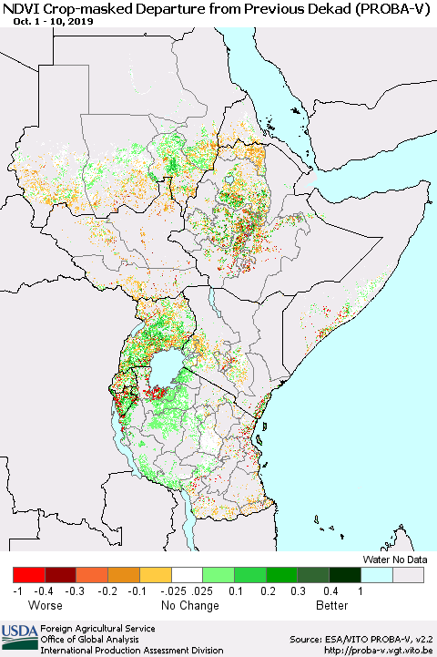 Eastern Africa NDVI Crop-masked Departure from Previous Dekad (PROBA-V) Thematic Map For 10/1/2019 - 10/10/2019