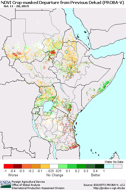 Eastern Africa NDVI Crop-masked Departure from Previous Dekad (PROBA-V) Thematic Map For 10/11/2019 - 10/20/2019