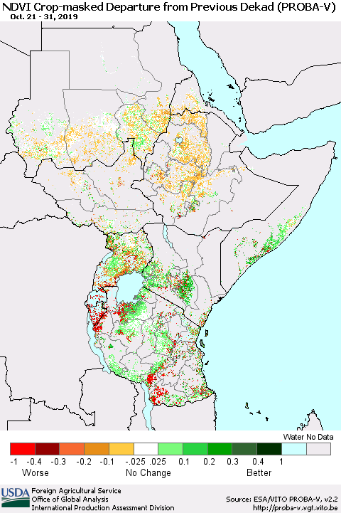 Eastern Africa NDVI Crop-masked Departure from Previous Dekad (PROBA-V) Thematic Map For 10/21/2019 - 10/31/2019