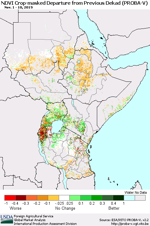 Eastern Africa NDVI Crop-masked Departure from Previous Dekad (PROBA-V) Thematic Map For 11/1/2019 - 11/10/2019