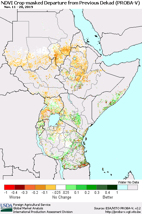 Eastern Africa NDVI Crop-masked Departure from Previous Dekad (PROBA-V) Thematic Map For 11/11/2019 - 11/20/2019
