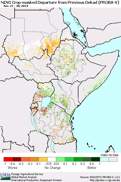 Eastern Africa NDVI Crop-masked Departure from Previous Dekad (PROBA-V) Thematic Map For 11/21/2019 - 11/30/2019