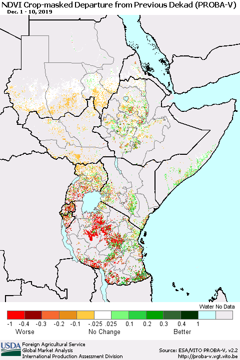 Eastern Africa NDVI Crop-masked Departure from Previous Dekad (PROBA-V) Thematic Map For 12/1/2019 - 12/10/2019