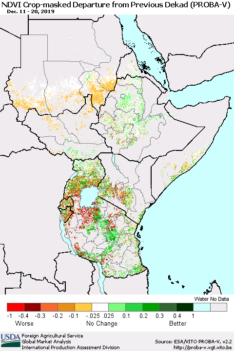 Eastern Africa NDVI Crop-masked Departure from Previous Dekad (PROBA-V) Thematic Map For 12/11/2019 - 12/20/2019