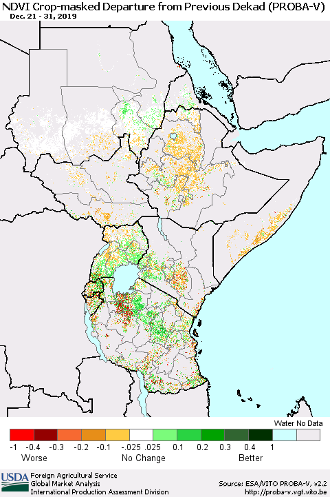Eastern Africa NDVI Crop-masked Departure from Previous Dekad (PROBA-V) Thematic Map For 12/21/2019 - 12/31/2019