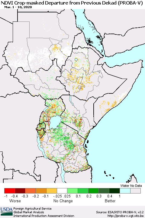 Eastern Africa NDVI Crop-masked Departure from Previous Dekad (PROBA-V) Thematic Map For 3/1/2020 - 3/10/2020