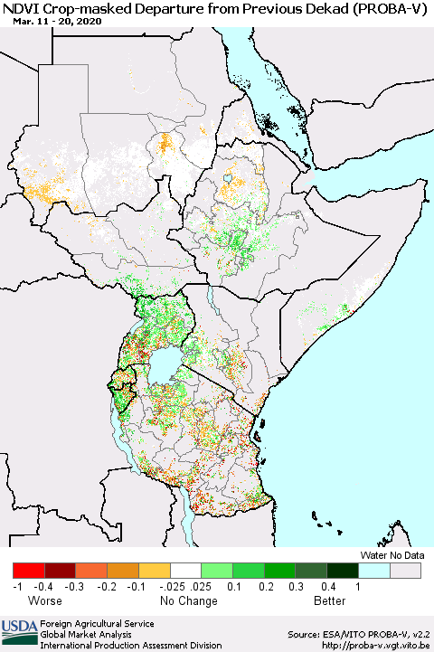 Eastern Africa NDVI Crop-masked Departure from Previous Dekad (PROBA-V) Thematic Map For 3/11/2020 - 3/20/2020