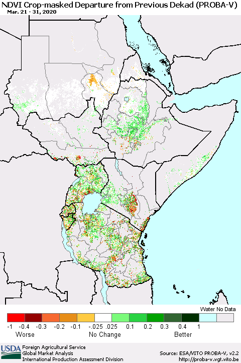 Eastern Africa NDVI Crop-masked Departure from Previous Dekad (PROBA-V) Thematic Map For 3/21/2020 - 3/31/2020