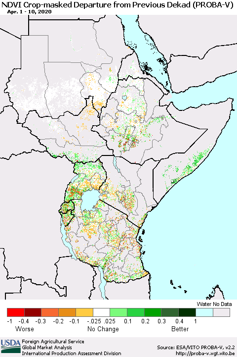 Eastern Africa NDVI Crop-masked Departure from Previous Dekad (PROBA-V) Thematic Map For 4/1/2020 - 4/10/2020