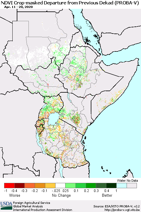 Eastern Africa NDVI Crop-masked Departure from Previous Dekad (PROBA-V) Thematic Map For 4/11/2020 - 4/20/2020