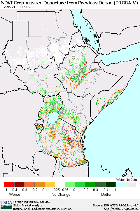 Eastern Africa NDVI Crop-masked Departure from Previous Dekad (PROBA-V) Thematic Map For 4/21/2020 - 4/30/2020