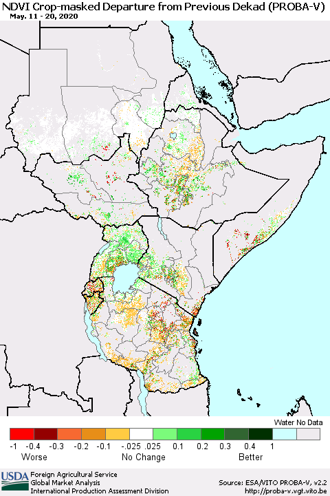 Eastern Africa NDVI Crop-masked Departure from Previous Dekad (PROBA-V) Thematic Map For 5/11/2020 - 5/20/2020