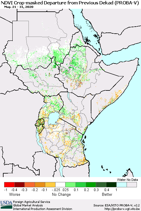 Eastern Africa NDVI Crop-masked Departure from Previous Dekad (PROBA-V) Thematic Map For 5/21/2020 - 5/31/2020