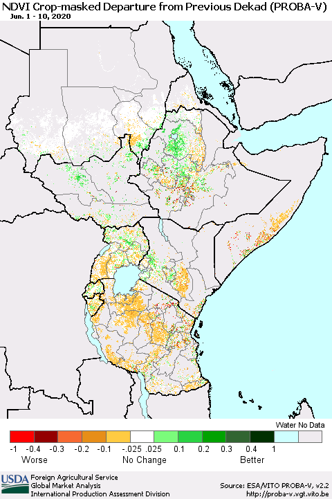 Eastern Africa NDVI Crop-masked Departure from Previous Dekad (PROBA-V) Thematic Map For 6/1/2020 - 6/10/2020