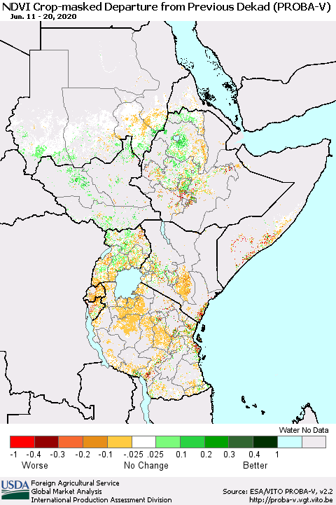 Eastern Africa NDVI Crop-masked Departure from Previous Dekad (PROBA-V) Thematic Map For 6/11/2020 - 6/20/2020