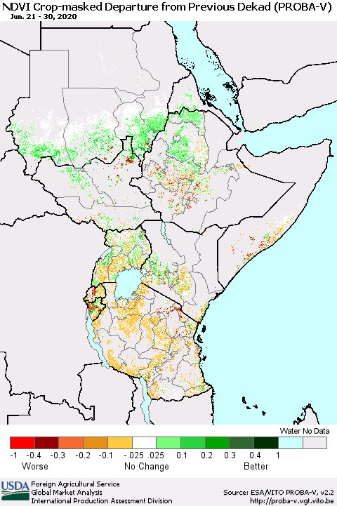 Eastern Africa NDVI Crop-masked Departure from Previous Dekad (PROBA-V) Thematic Map For 6/21/2020 - 6/30/2020
