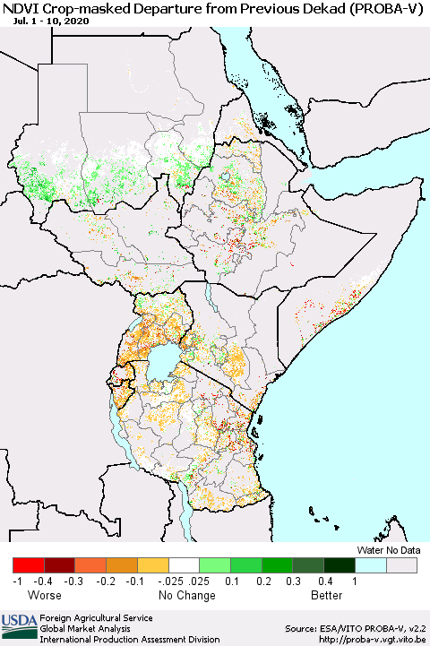 Eastern Africa NDVI Crop-masked Departure from Previous Dekad (PROBA-V) Thematic Map For 7/1/2020 - 7/10/2020