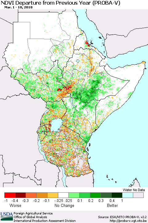 Eastern Africa NDVI Departure from Previous Year (PROBA-V) Thematic Map For 3/1/2018 - 3/10/2018