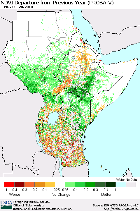 Eastern Africa NDVI Departure from Previous Year (PROBA-V) Thematic Map For 3/11/2018 - 3/20/2018
