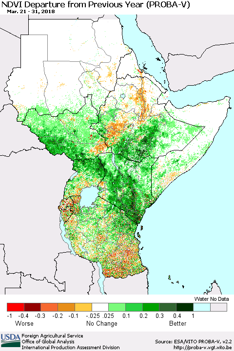 Eastern Africa NDVI Departure from Previous Year (PROBA-V) Thematic Map For 3/21/2018 - 3/31/2018