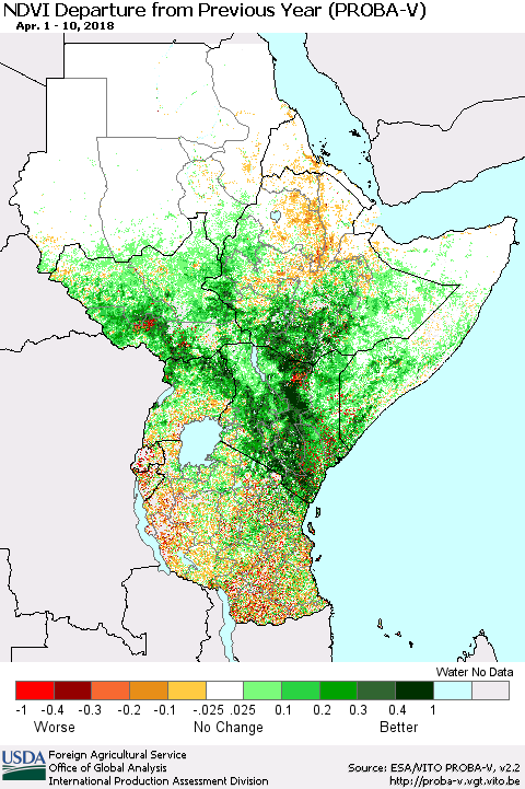 Eastern Africa NDVI Departure from Previous Year (PROBA-V) Thematic Map For 4/1/2018 - 4/10/2018