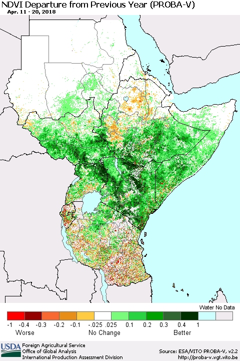 Eastern Africa NDVI Departure from Previous Year (PROBA-V) Thematic Map For 4/11/2018 - 4/20/2018