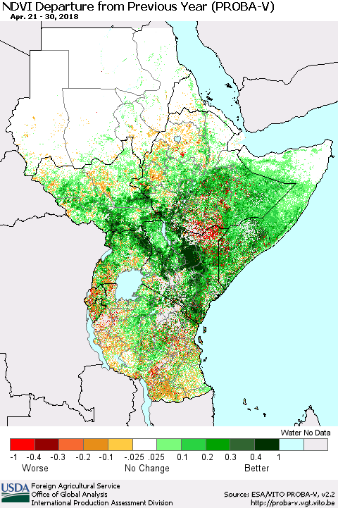 Eastern Africa NDVI Departure from Previous Year (PROBA-V) Thematic Map For 4/21/2018 - 4/30/2018