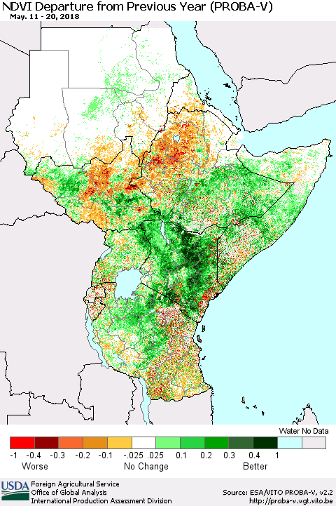 Eastern Africa NDVI Departure from Previous Year (PROBA-V) Thematic Map For 5/11/2018 - 5/20/2018