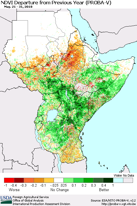 Eastern Africa NDVI Departure from Previous Year (PROBA-V) Thematic Map For 5/21/2018 - 5/31/2018