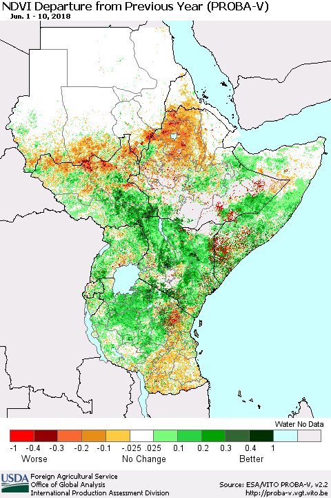 Eastern Africa NDVI Departure from Previous Year (PROBA-V) Thematic Map For 6/1/2018 - 6/10/2018