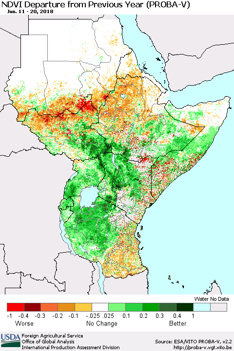 Eastern Africa NDVI Departure from Previous Year (PROBA-V) Thematic Map For 6/11/2018 - 6/20/2018