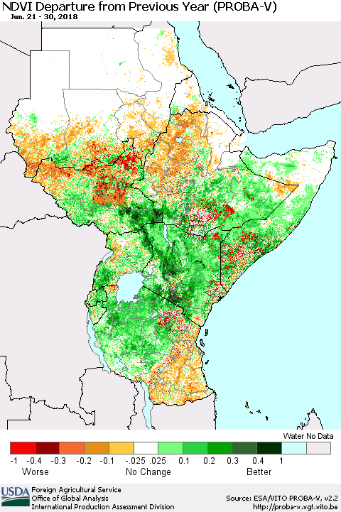 Eastern Africa NDVI Departure from Previous Year (PROBA-V) Thematic Map For 6/21/2018 - 6/30/2018