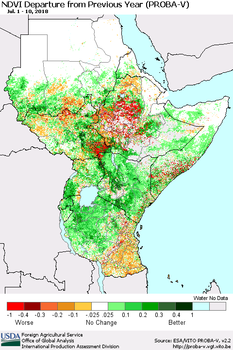 Eastern Africa NDVI Departure from Previous Year (PROBA-V) Thematic Map For 7/1/2018 - 7/10/2018