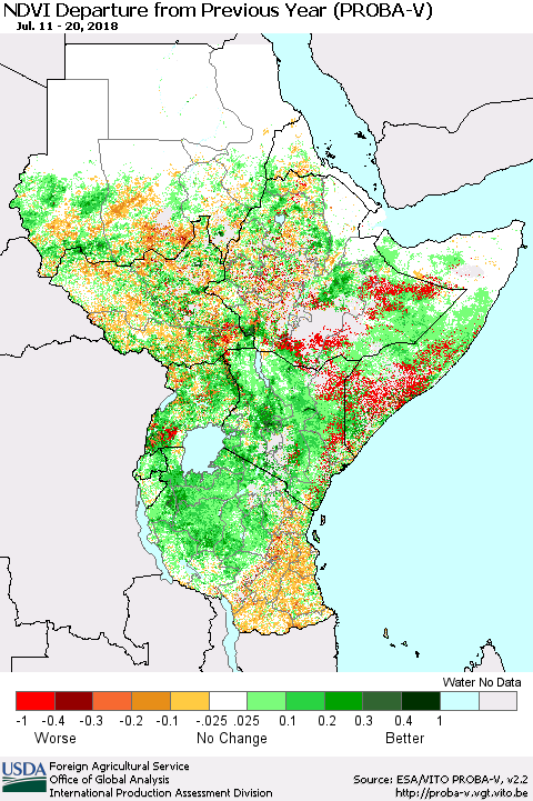 Eastern Africa NDVI Departure from Previous Year (PROBA-V) Thematic Map For 7/11/2018 - 7/20/2018