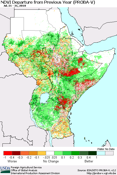 Eastern Africa NDVI Departure from Previous Year (PROBA-V) Thematic Map For 7/21/2018 - 7/31/2018