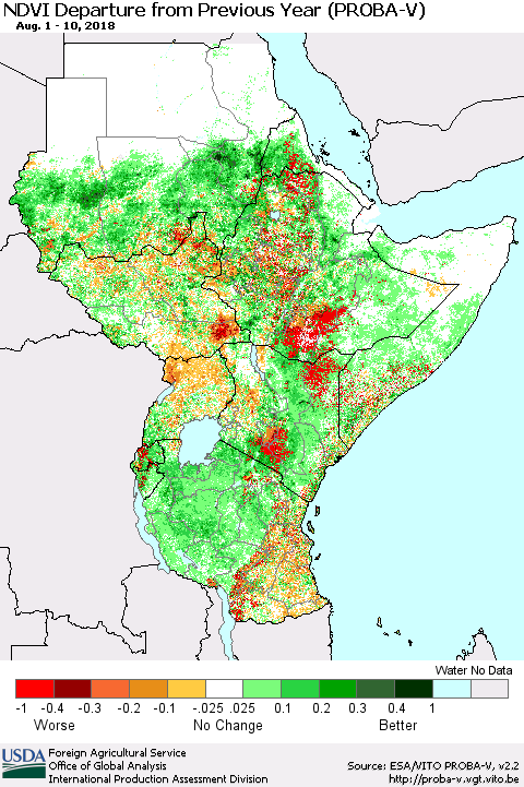 Eastern Africa NDVI Departure from Previous Year (PROBA-V) Thematic Map For 8/1/2018 - 8/10/2018