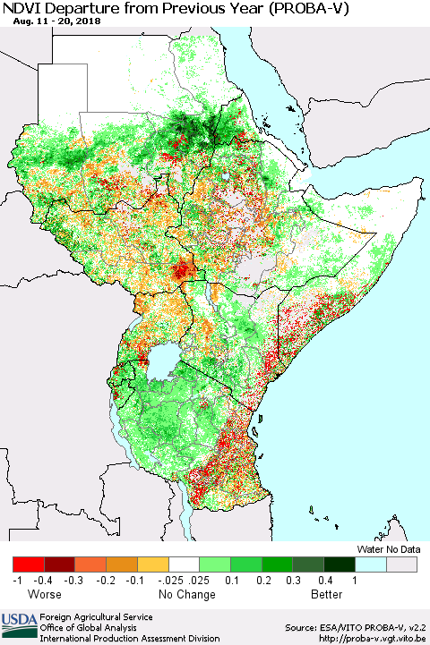 Eastern Africa NDVI Departure from Previous Year (PROBA-V) Thematic Map For 8/11/2018 - 8/20/2018