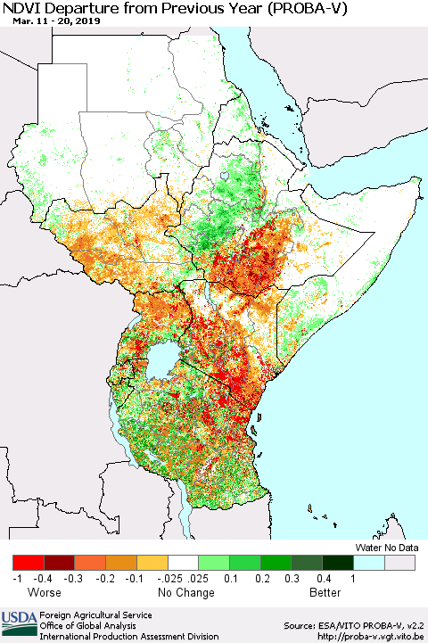 Eastern Africa NDVI Departure from Previous Year (PROBA-V) Thematic Map For 3/11/2019 - 3/20/2019