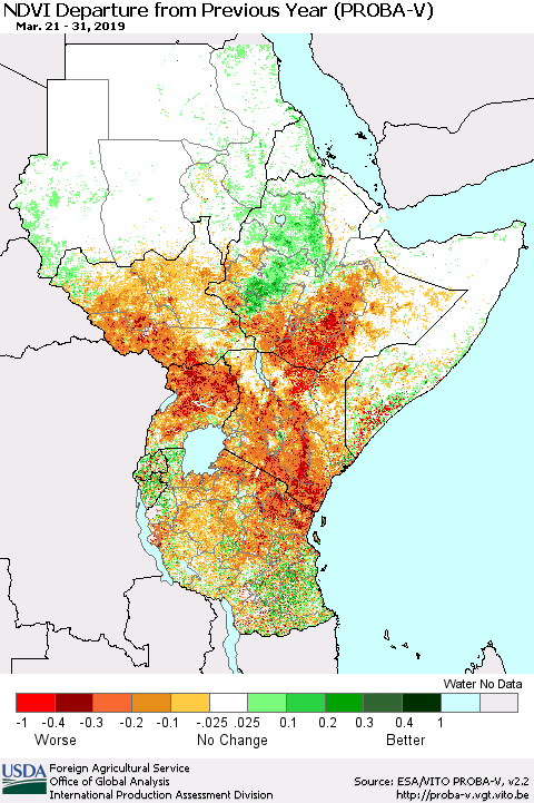 Eastern Africa NDVI Departure from Previous Year (PROBA-V) Thematic Map For 3/21/2019 - 3/31/2019