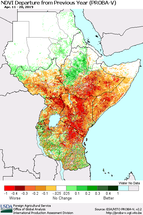 Eastern Africa NDVI Departure from Previous Year (PROBA-V) Thematic Map For 4/11/2019 - 4/20/2019